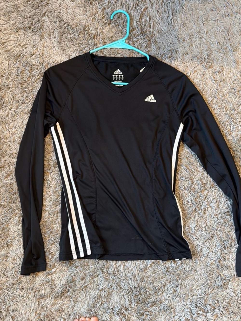 adidas Black Long-Sleeve V-Neck Top with White Side Stripes